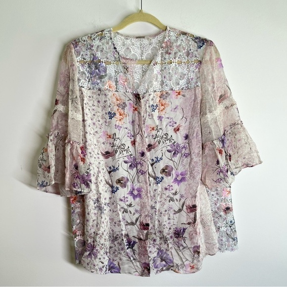 Elie Tahari Floral 100% Silk Ethereal Floral Button Front Career Blouse Size M - Picture 3 of 8